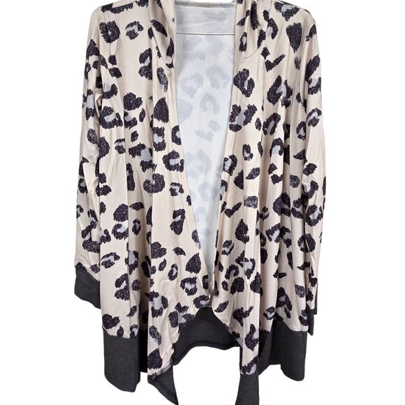 Cardigan Leopard Ultra Soft Cream Black Open Front Hood Lightweight Womens Med - Picture 1 of 8